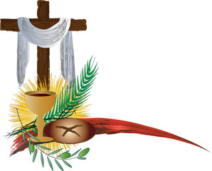 Eucharist symbols of bread and wine with the symbols of the Passion of Jesus Christ. Holy week, Lent or Easter vector color illustration.