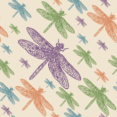 Dragonflies colourful seamless vector pattern