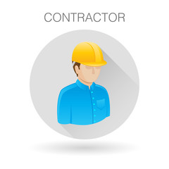 Building contractor icon. Professional with hardhat symbol. Construction engineer sign. Building contractor profile icon on light gray circle background. Vector illustration.