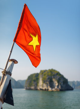 Closeup view of the flag of Vietnam on ship in the Ha Long Bay