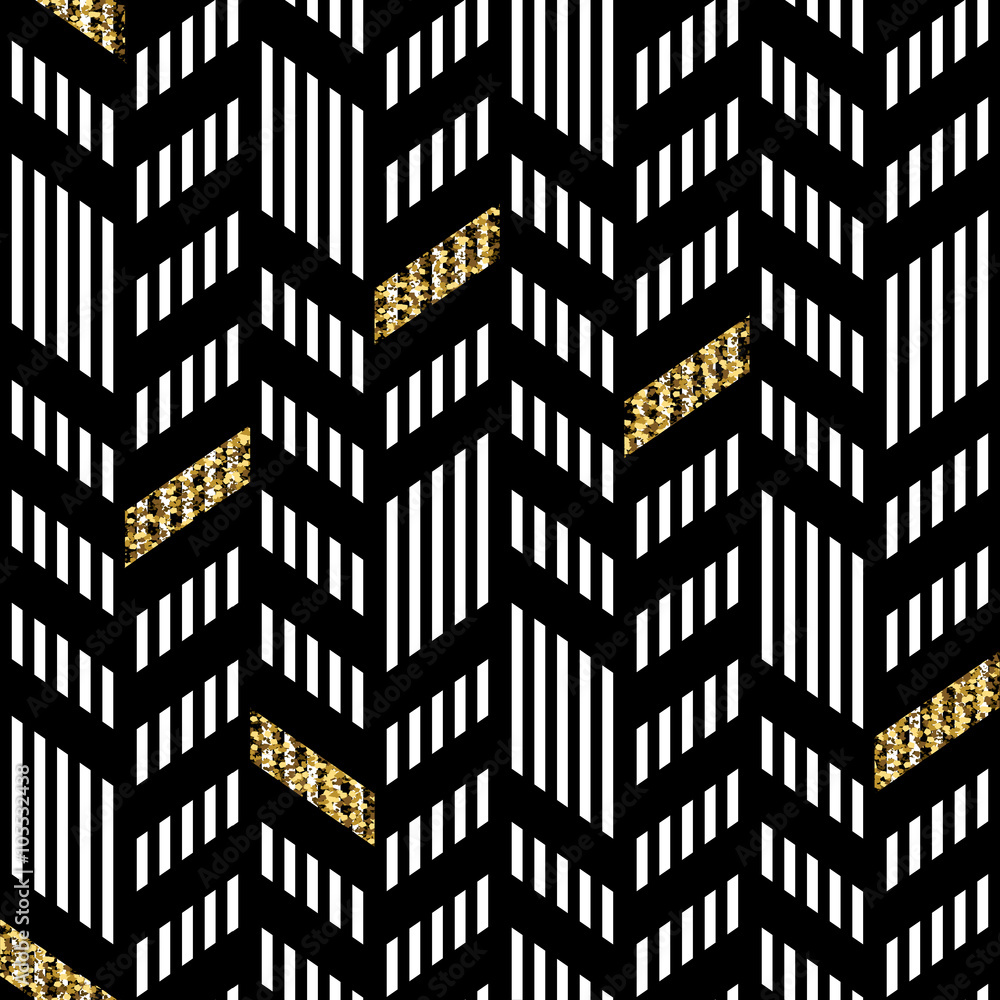 Poster seamless chevron pattern. with glittering gold and thin lines