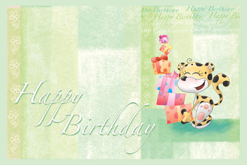 Cute leopard with a lot of gifts on green background. Cartoon for Happy Birthday card.