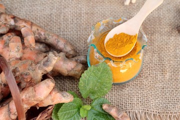 Turmeric powder and fresh turmeric for health.