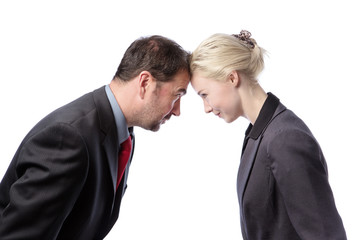 co-workers locking heads