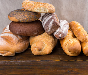 Stack of bagels and french bread