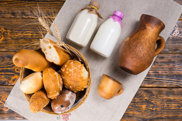 Top down view of bread basket and milk
