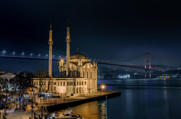 Fototapeta na wymiar Ortakoy Mosque and the Bosphorus Bridge at night Istanbul Turkey