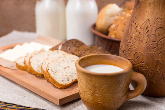 Cup of milk with bread for a healthy breakfast