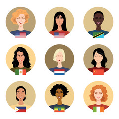 Set of vector icons - people of different nationalities. Women