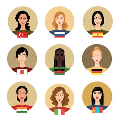 Set of vector icons - people of different nationalities in cartoon style. Women