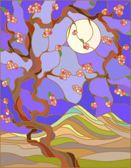 Illustration in stained glass style with the cherry blossoms on a background of mountains, sky and sun