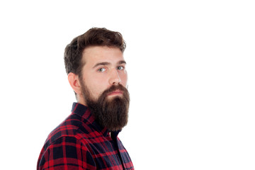 Obraz premium Handsome man with long beard wearing checkered shirt