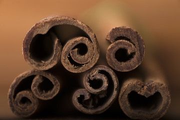 Cinnamon sticks on wood plate background