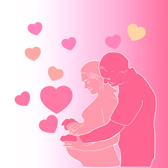 Pregnant woman with husband isolated on pink