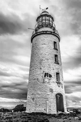 Zelfklevend Fotobehang Cape Bruny Lighthouse is located within the South Bruny Island National Park, Tasmania. Black and white picture. © bennymarty