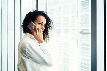 Young attractive businesswoman talking on mobile phone while standing near the window in the office...
