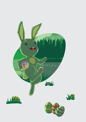 Easter card in a flat style. Funny Easter bunny jumping on the lawn next to the lake.
Sunset on a background of dense forest. Easter eggs on the grass.