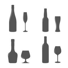 Alcohol bottles and glasses. 