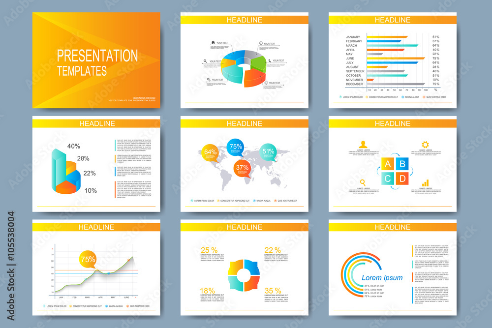 Aufkleber Colorful set of vector templates for multipurpose presentation slides. Modern business flat design with graphs and chart. Leaflet marketing advertising