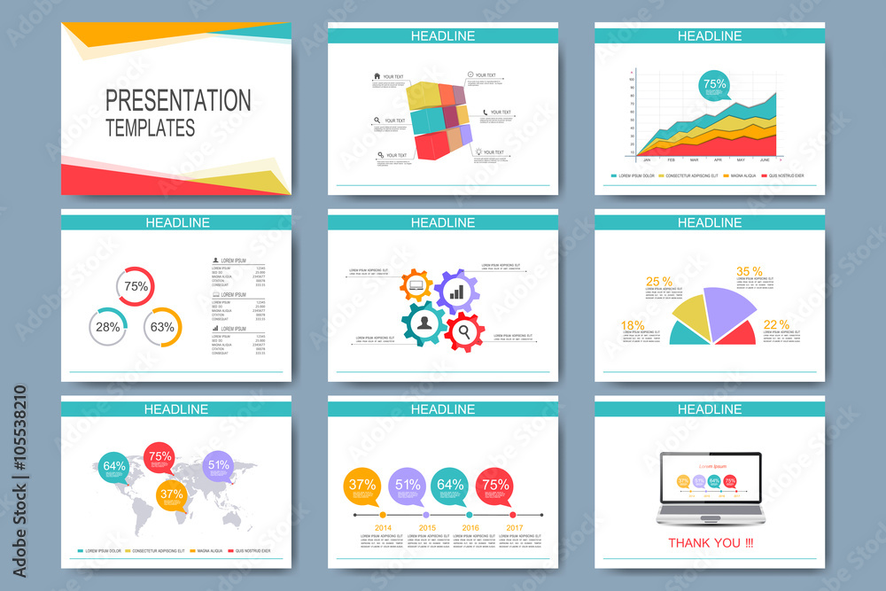 Poster Colorful set of vector templates for multipurpose presentation slides. Modern business flat design with graphs and chart. Leaflet marketing advertising