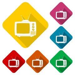 Old TV icons set with long shadow