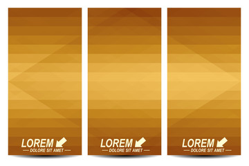 Golden set of vector flyers. Background with gold triangles. Flyer, web, banner, card, vip, certificate, gift, voucher. Modern business stylish design