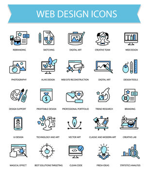 Art, web design and graphics flat thin line icon set collection,