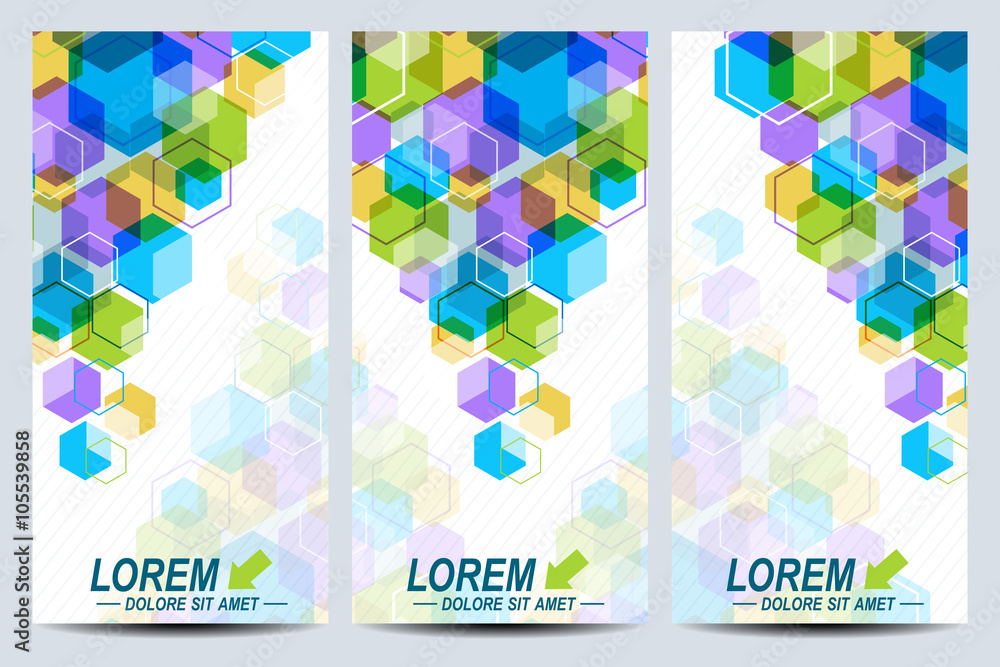Poster Set of the vector flyers. Background with colorful hexagons. Modern stylish design