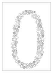 Floral number 0, number zero from flowers coloring page vector illustration, DIY postcard with the place for text, black and white flower ornament for typography 