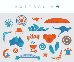 Blue and orange Australia icon set
