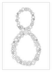Floral number 8, number eight from flowers coloring page vector illustration, DIY postcard with the place for text, black and white flower ornament for typography 