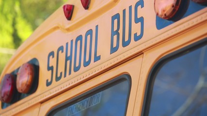 Cool shot of the words "School Bus" on top of a school bus.