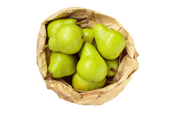 green pears in paper bag isolated on white background, top view.