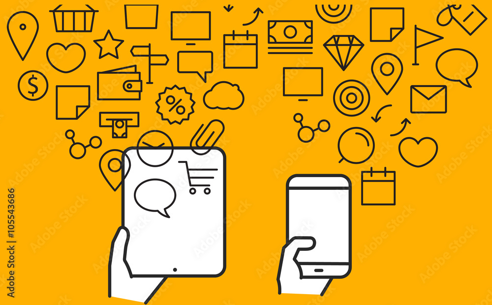 Poster different techno icons flows into the modern gadgets. lineart ve