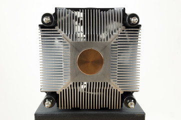 Common heatsink for a computer processor showing the contact surface to the processor.