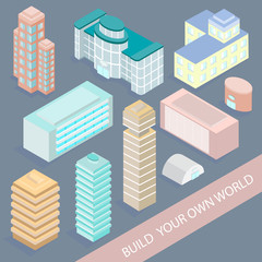 Set of Urban Architectural Buildings in Isometric projection