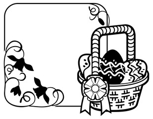 Horizontal silhouette frame with outline image of Easter basket