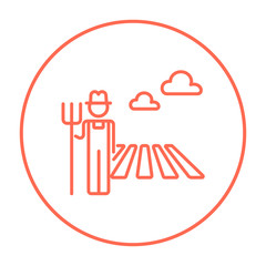 Farmer with pitchfork line icon.