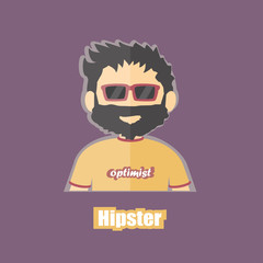 flat cartoon image of hipster, jobless, optimist on isolated backgound