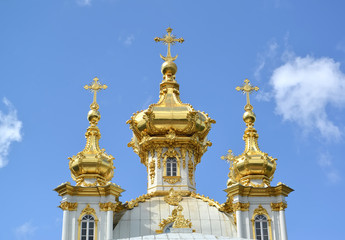 Fototapeta na wymiar PETERHOF, RUSSIA. Heads of Church of Saints Pete