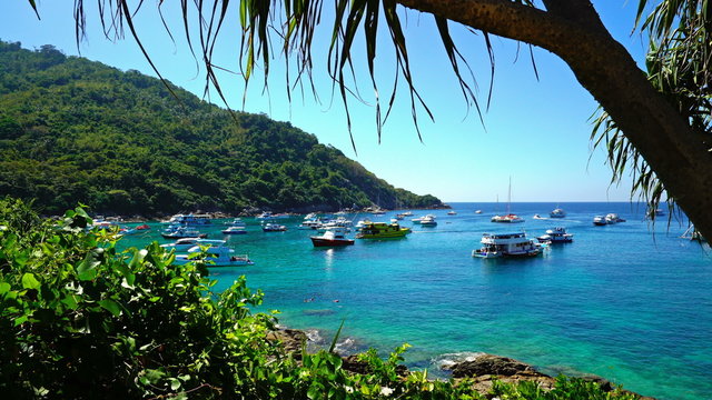 Tropical lagoon with boats Racha thailand
