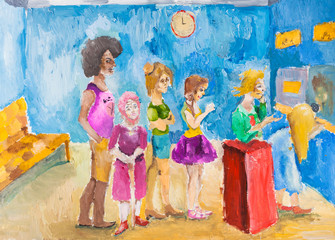 people line to ticket window by gouache