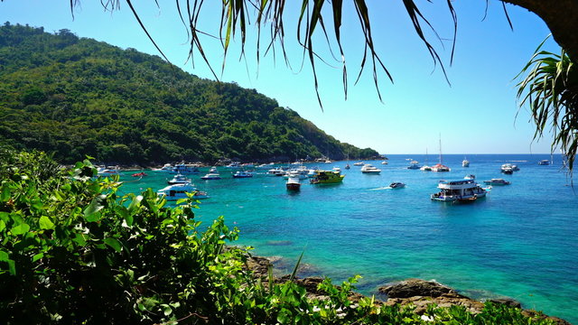 Tropical lagoon with boats Racha thailand