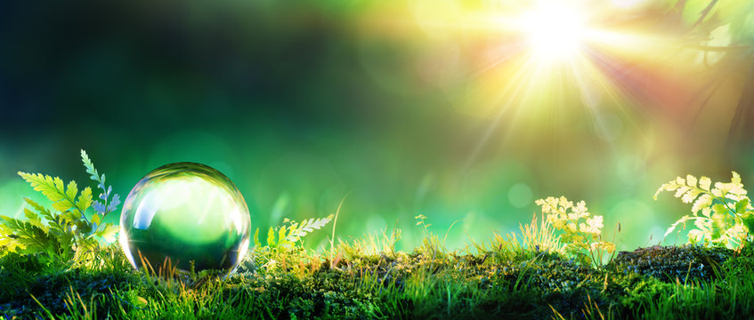 Crystal Green Globe On Moss - Environmental Concept

