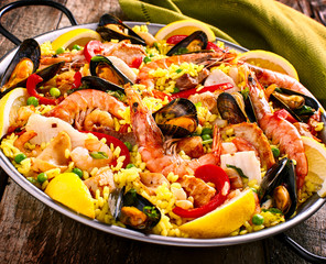 Colorful Seafood Paella Dish with Shellfish