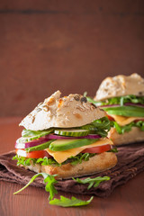 tomato avocado cheese sandwich with cucumber onion