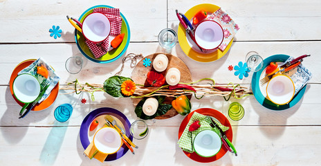 Colorful tropical summer picnic table - obrazy, fototapety, plakaty