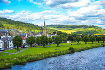 Panorama of Peebles with the river Tweed,  Scotland, UK