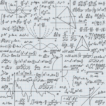 Scientific vector endless texture with mathematical handwritten formulas, handwritten on a grid copybook paper