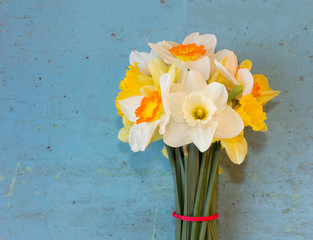 bouquet of spring flowers Narcissus on an old blue background. copy space